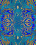 Symmetrical ornamental pattern in turquoise, cobalt blue and gold tones on Italian Mulberry silk satin