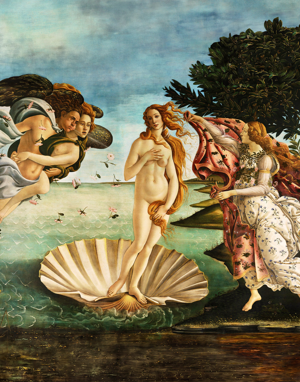 Printed mulberry silk fabric panel featuring Sandro Botticelli's The Birth of Venus, made in Italy.