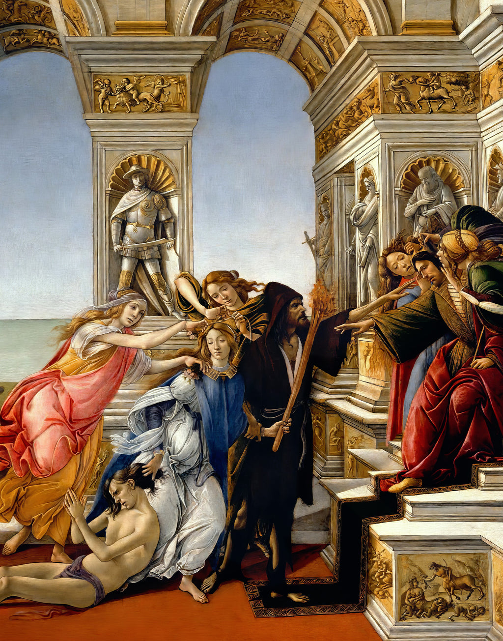 The Calumny of Apelles by Sandro Botticelli printed on premium Italian mulberry silk satin art panel