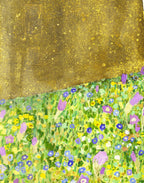 Floral section from The Kiss by Gustav Klimt printed on premium 100% mulberry silk satin fabric, made in Italy for couture garments and artistic creations.