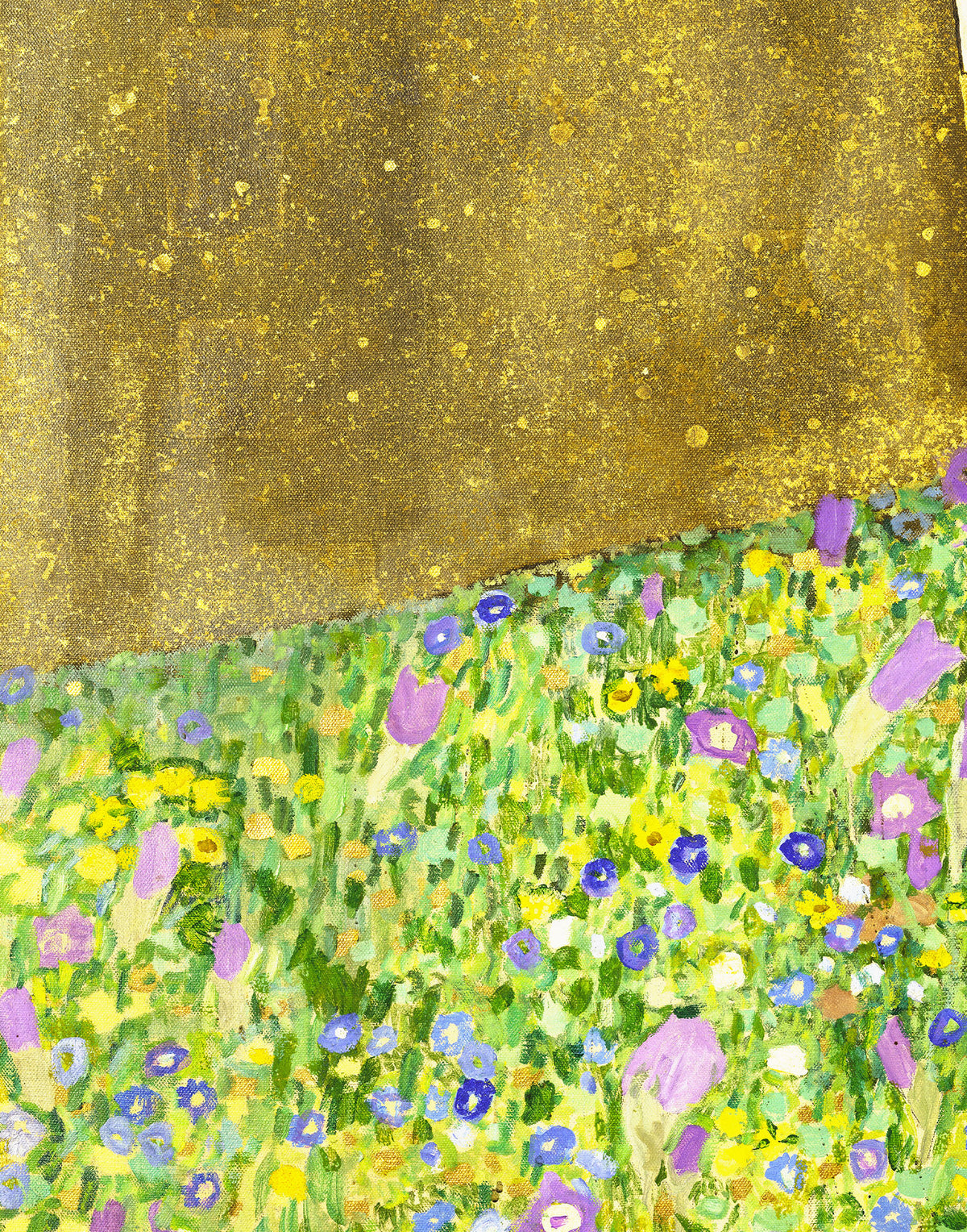 Floral section from The Kiss by Gustav Klimt printed on premium 100% mulberry silk satin fabric, made in Italy for couture garments and artistic creations.