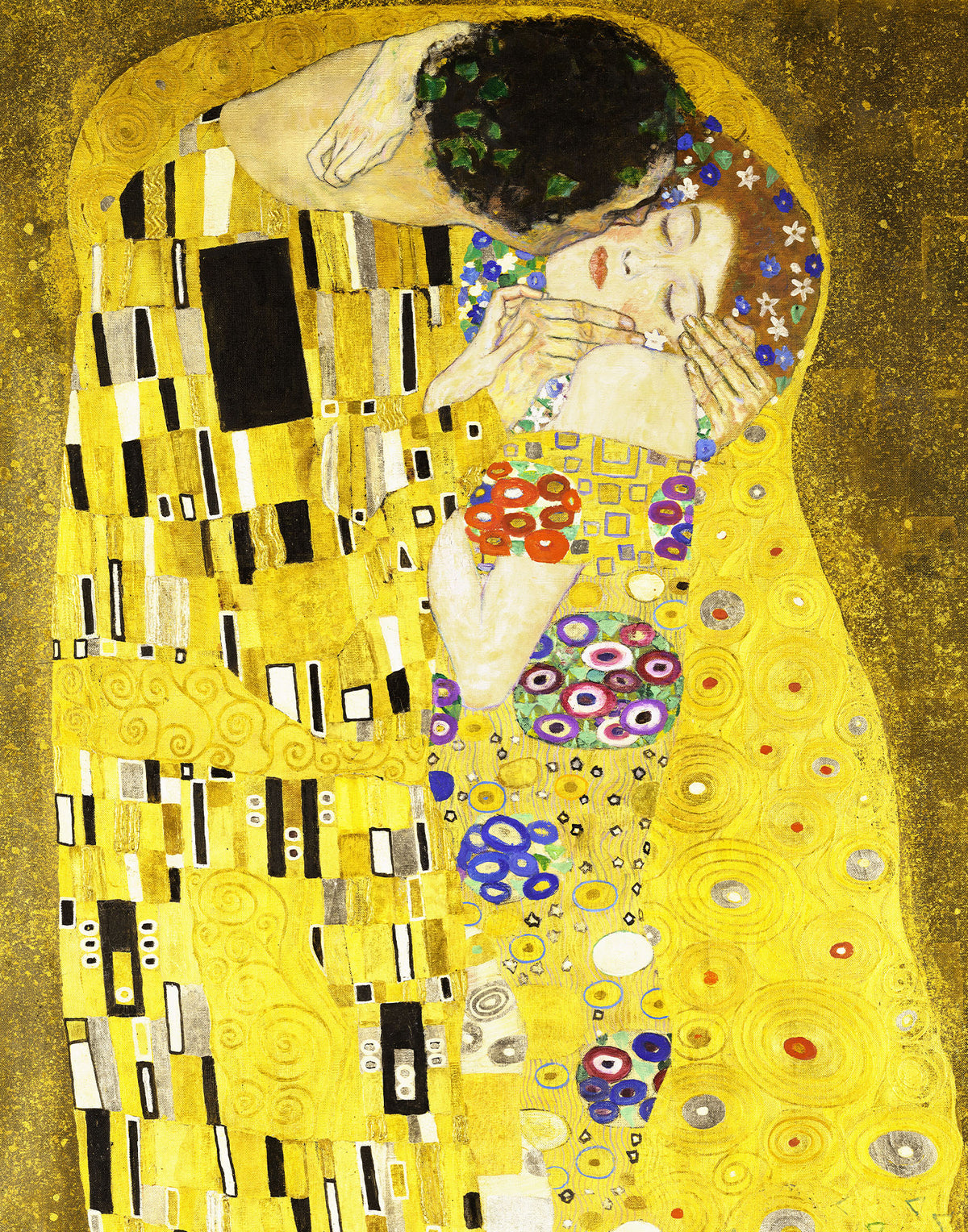 Close-up of The Kiss by Gustav Klimt printed on luxurious 100% mulberry silk satin fabric panel, made in Italy for scarves, couture fashion and luxury accessories.
