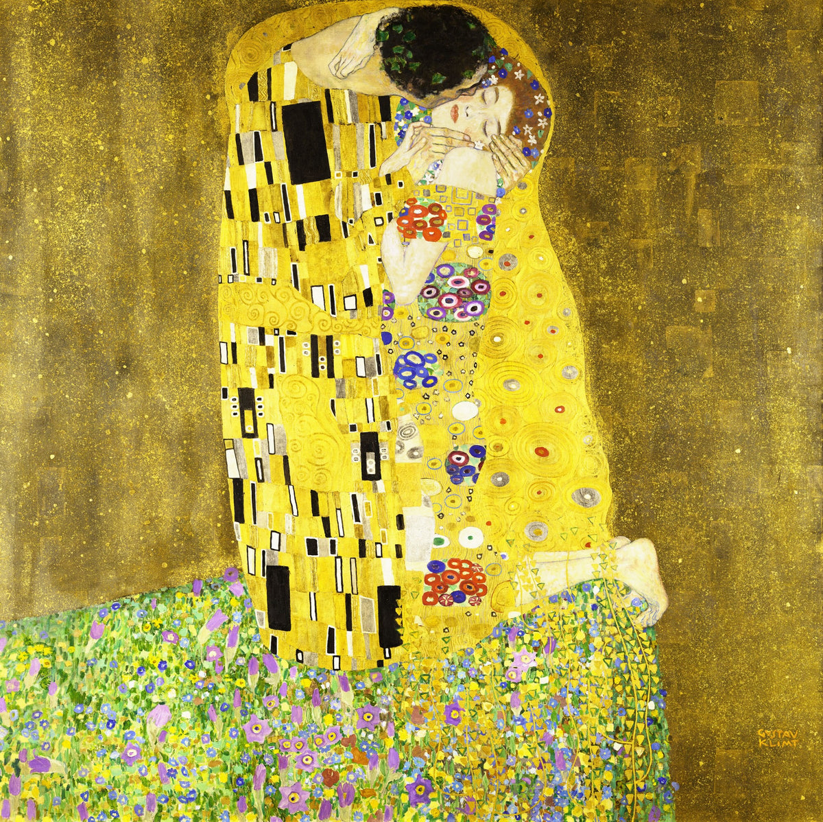 The Kiss by Gustav Klimt printed on luxurious 100% mulberry silk satin fabric panel, made in Italy for couture fashion, scarves, accessories and artistic textile creations.