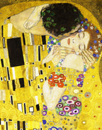 Upper composition of The Kiss by Gustav Klimt printed on 100% mulberry silk satin fabric panel, made in Italy for luxury fashion and textile design.