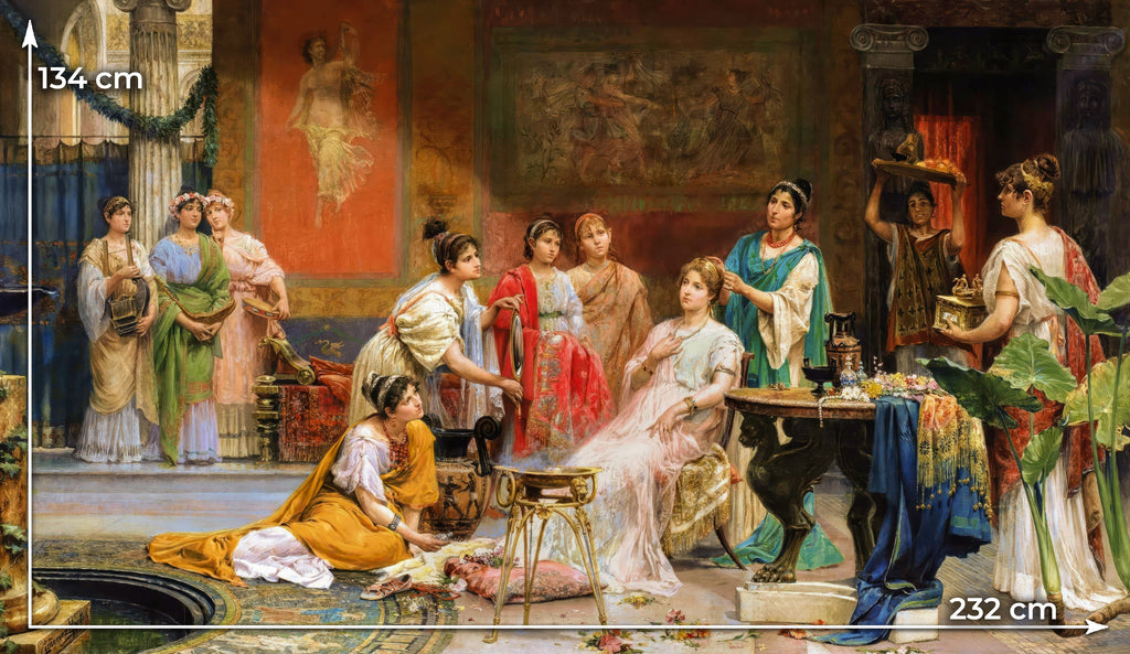 Italian 100% mulberry silk satin fabric panel featuring The Toilet of a Roman Lady by Juan Jiménez Martín, 132 × 232 cm