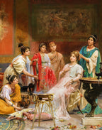 Italian mulberry silk satin fabric panel featuring The Toilet of a Roman Lady by Juan Jimenez Martín