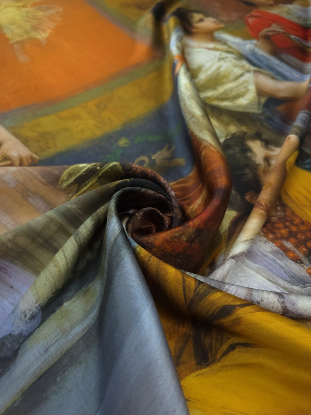 Premium Italian mulberry silk satin fabric printed with The Toilet of a Roman Lady showing the luxurious texture and sheen
