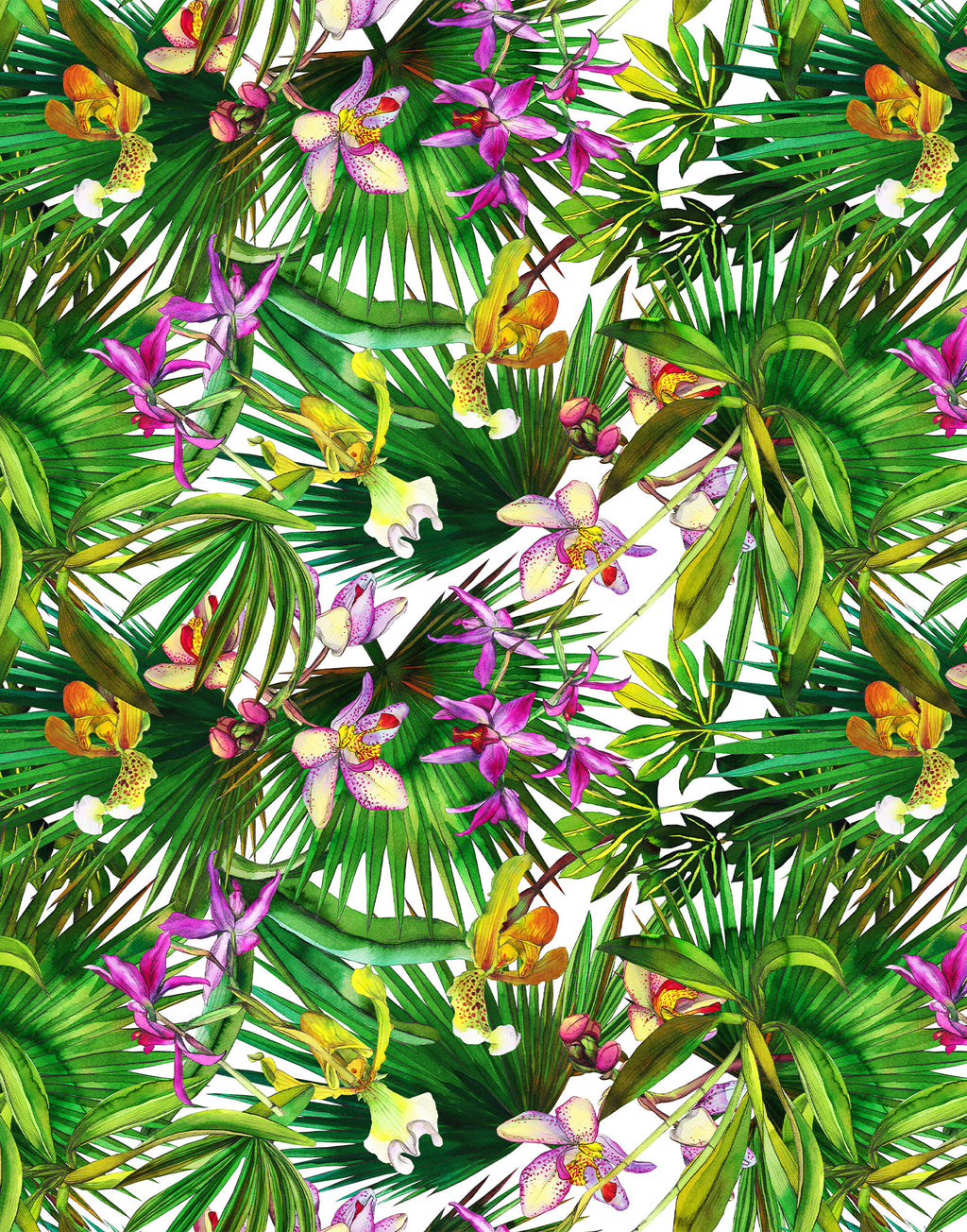 Italian Mulberry silk satin with colorful orchids and lush tropical leaves on a white background