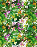Italian Mulberry silk satin with colorful orchids and lush tropical leaves on a white background