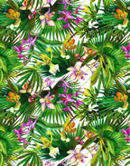 Italian Mulberry silk satin with colorful orchids and lush tropical leaves on a white background