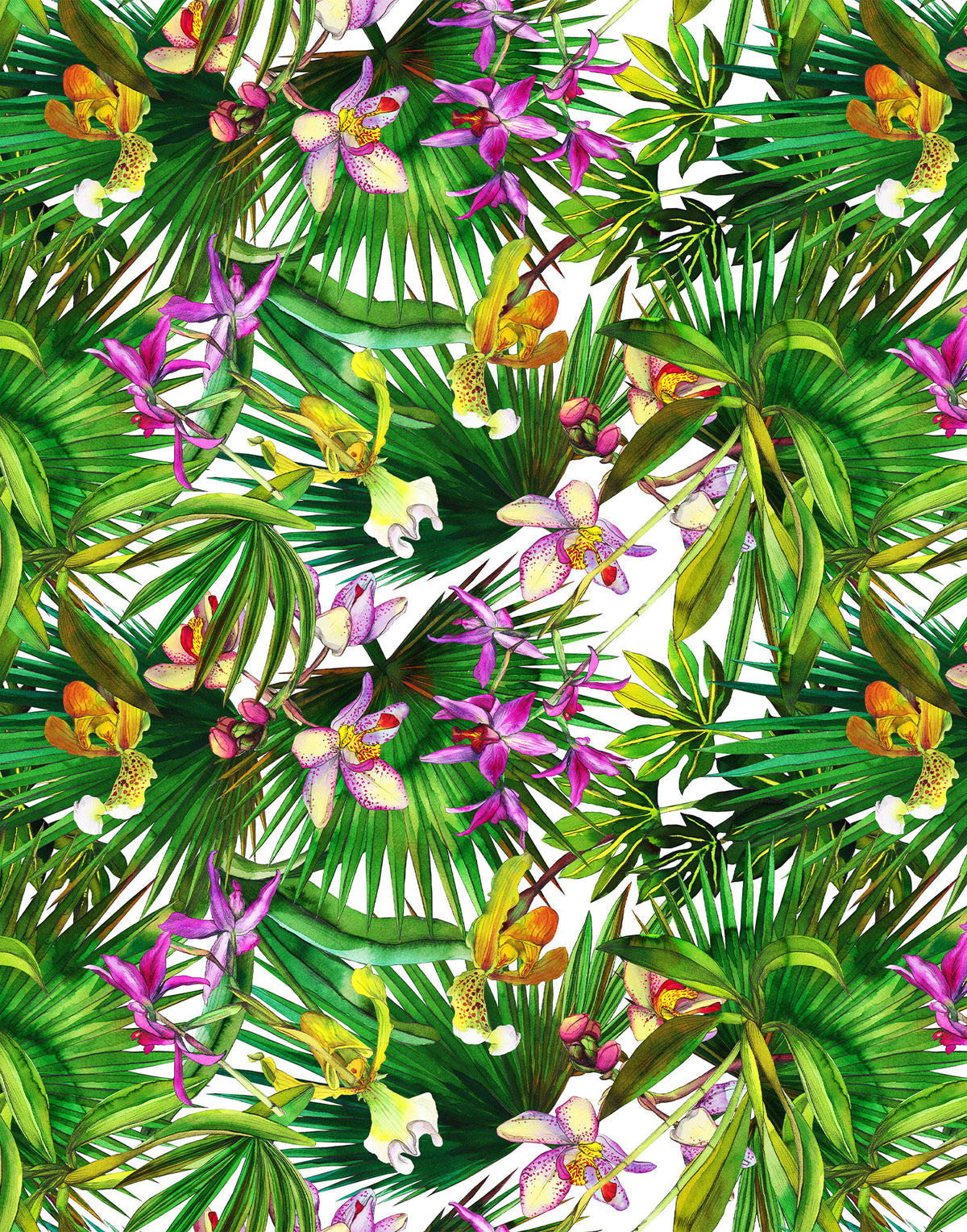 Italian Mulberry silk satin with colorful orchids and lush tropical leaves on a white background