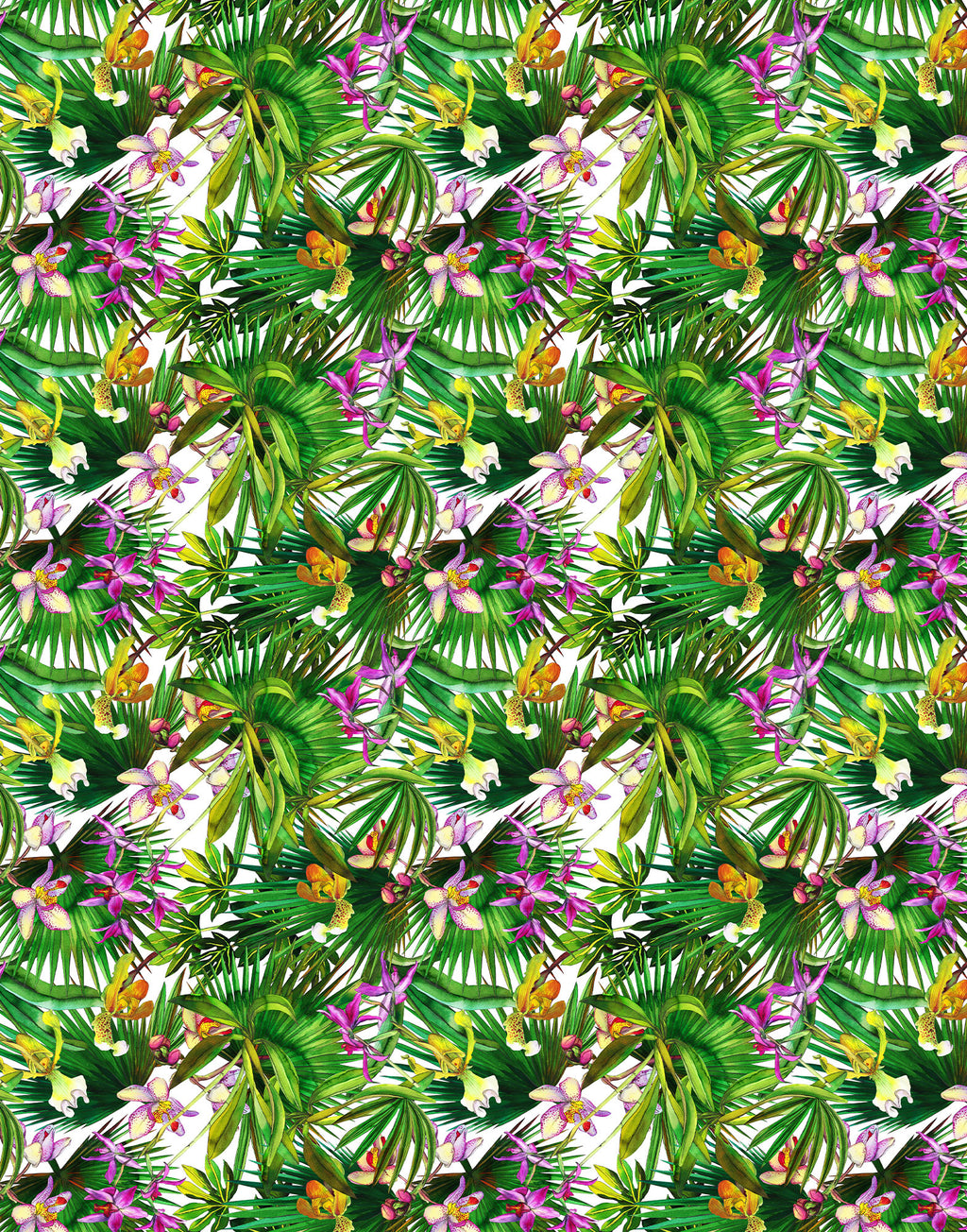 Botanical orchid print in pink, purple, orange and yellow with lush palm leaves on Italian Mulberry silk satin