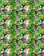 Botanical orchid print in pink, purple, orange and yellow with lush palm leaves on Italian Mulberry silk satin