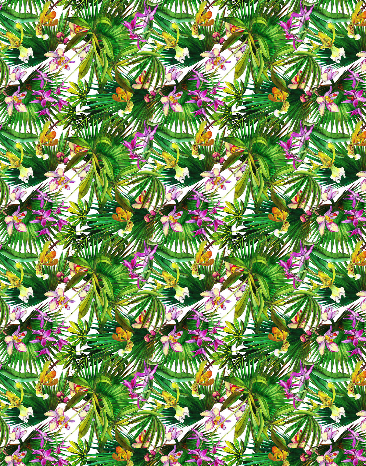 Botanical orchid print in pink, purple, orange and yellow with lush palm leaves on Italian Mulberry silk satin