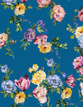 Italian Mulberry silk satin with painterly pink, yellow and blue flowers on a turquoise blue background.
