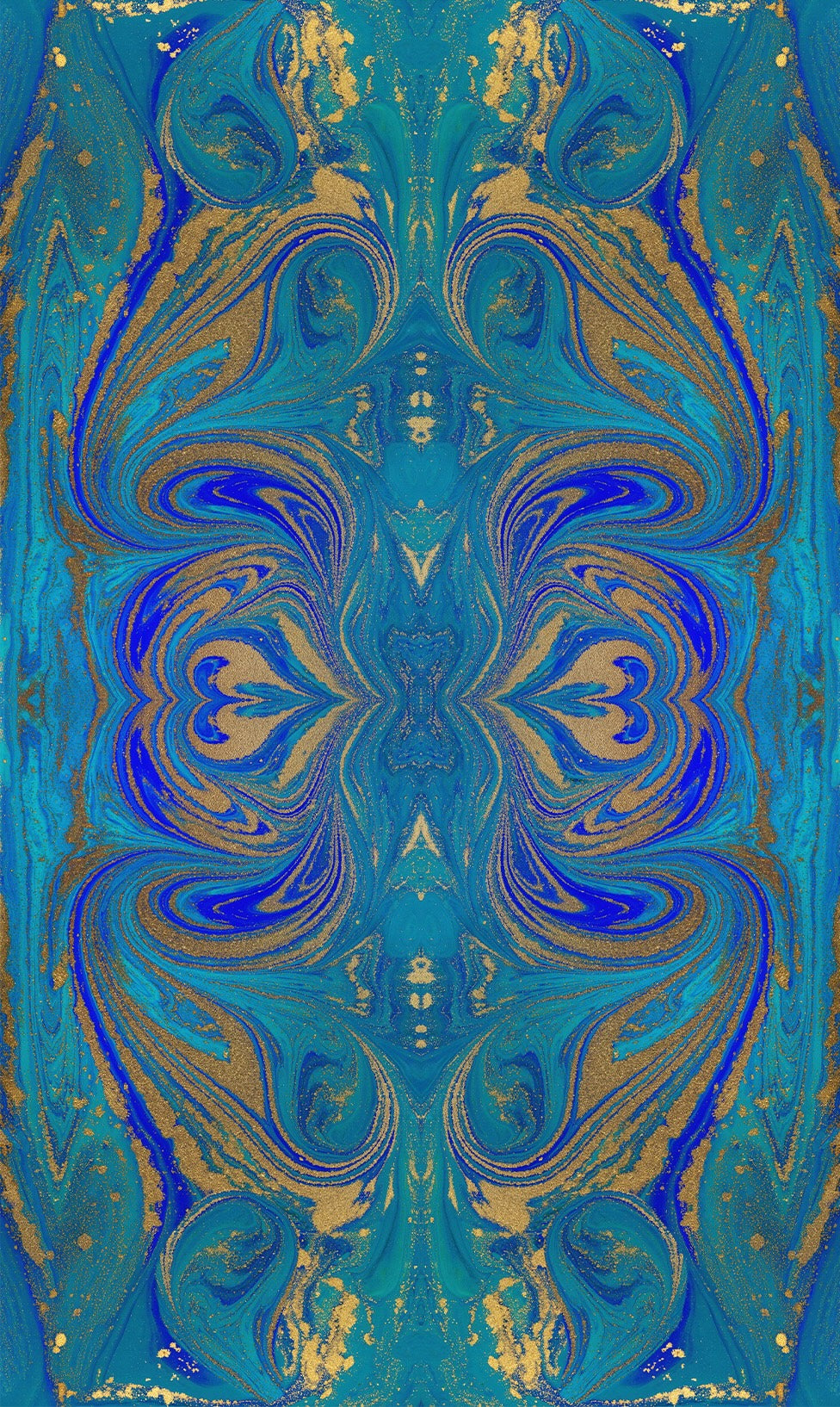 Italian Mulberry silk satin with a symmetrical turquoise, blue and gold abstract pattern