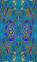 Italian Mulberry silk satin with a symmetrical turquoise, blue and gold abstract pattern