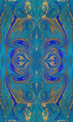 Italian Mulberry silk satin with a symmetrical turquoise, blue and gold abstract pattern