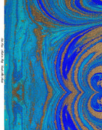 Italian Mulberry silk satin arranged in soft folds, featuring an artistic turquoise, blue and gold print