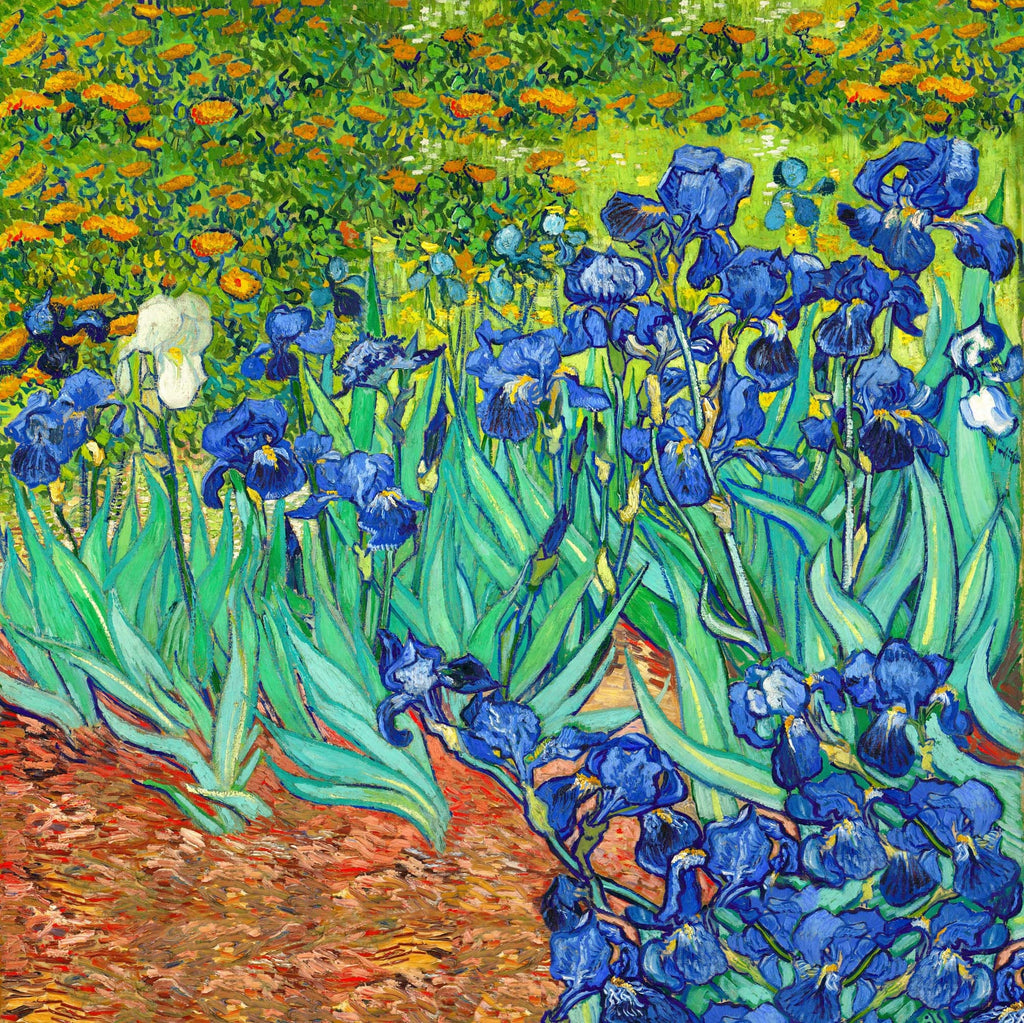 Museum-quality silk satin panel featuring Vincent van Gogh's Irises artwork made in Italy