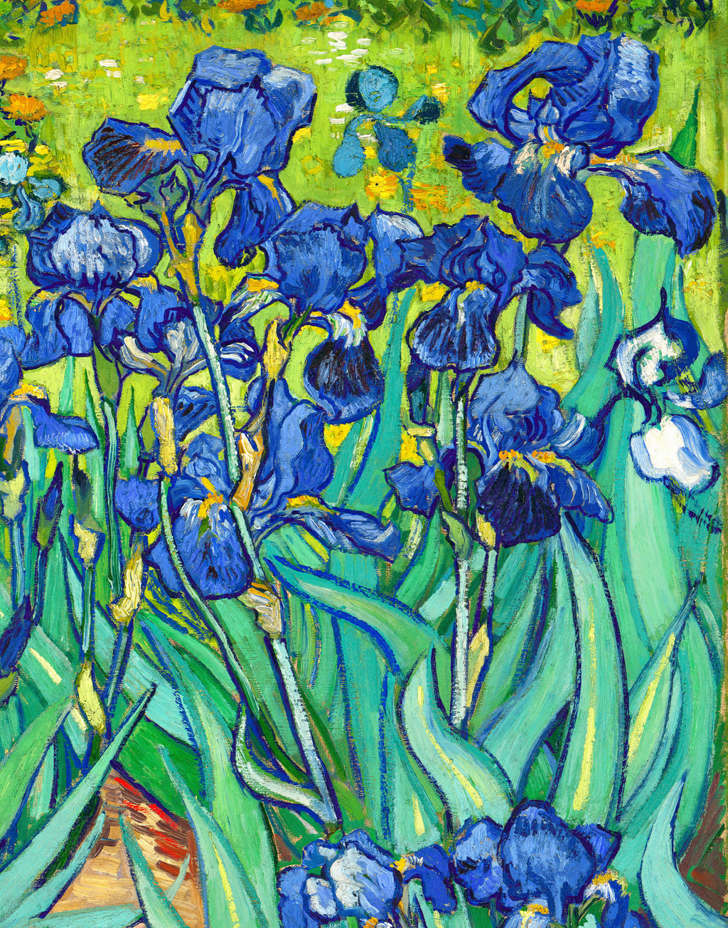 Printed mulberry silk satin featuring the blue iris flowers from Van Gogh's Irises painting