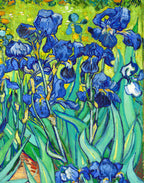 Printed mulberry silk satin featuring the blue iris flowers from Van Gogh's Irises painting