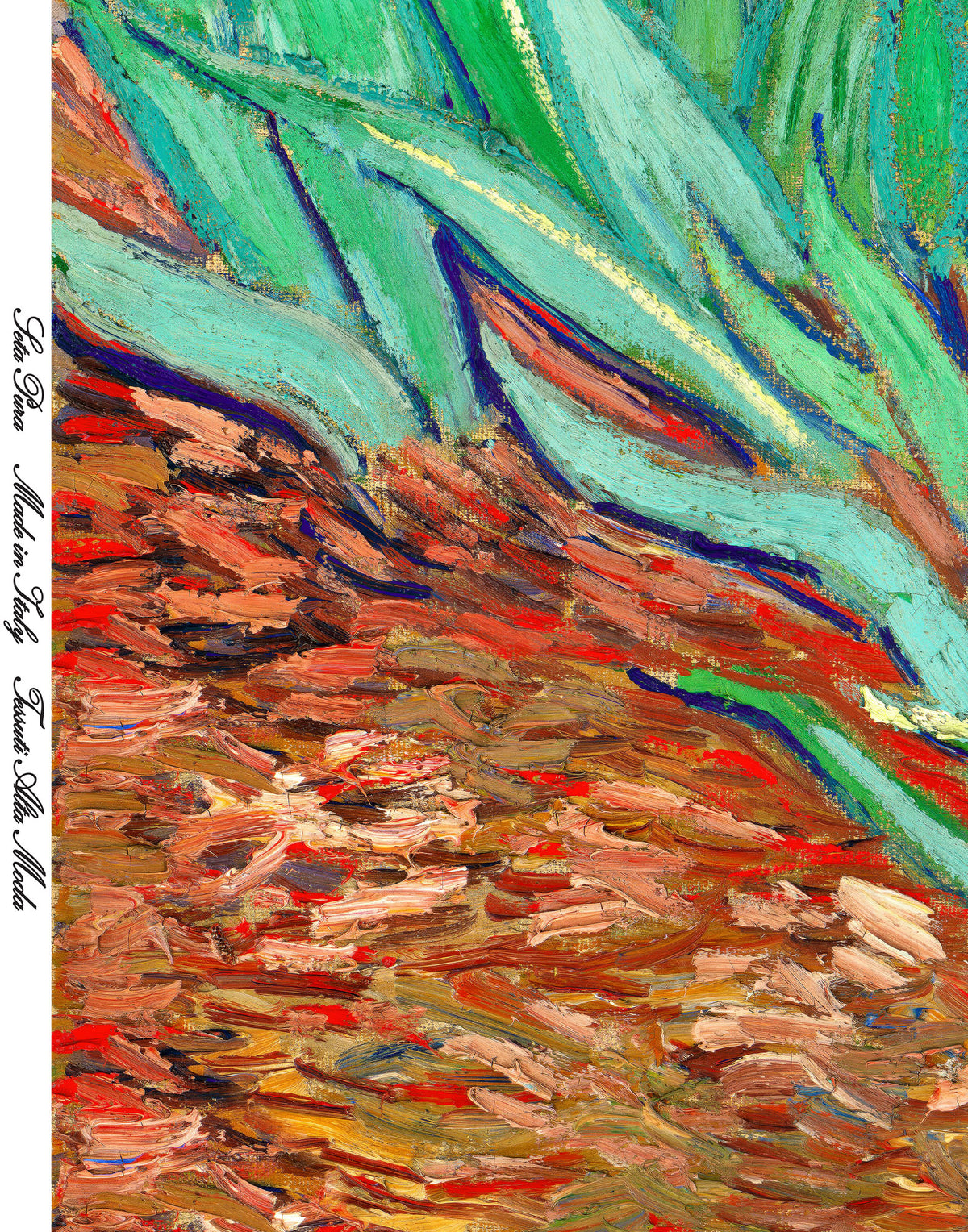 Expressive Van Gogh brushstrokes reproduced on premium Italian mulberry silk satin fabric