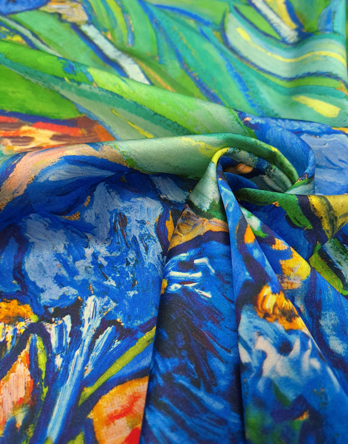 Luxury Italian mulberry silk satin with vibrant Van Gogh Irises artwork and elegant drape