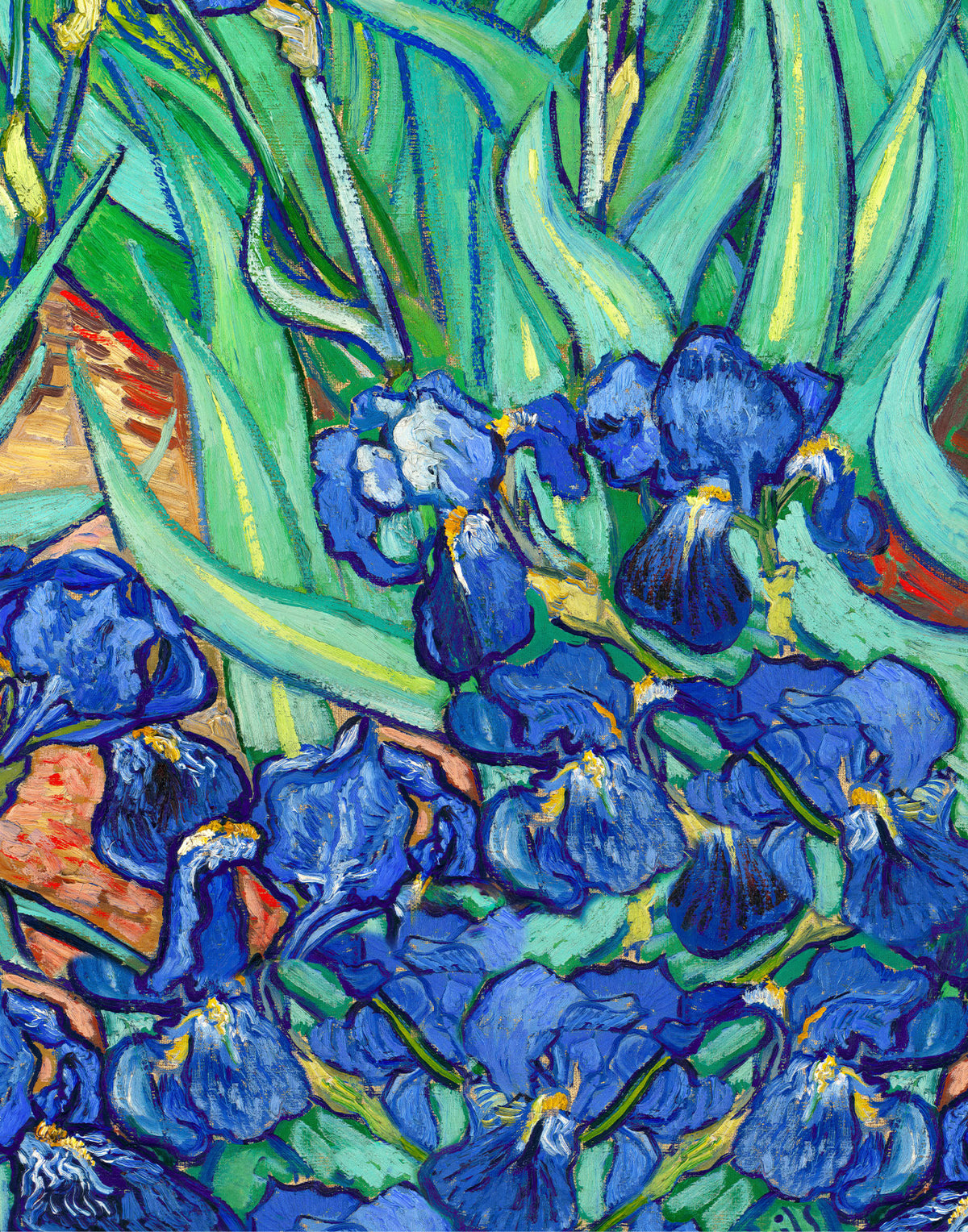 Blue iris flowers from Vincent van Gogh's Irises printed on Italian mulberry silk satin