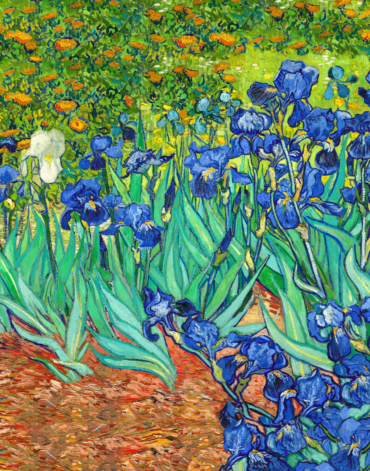 Italian silk satin fabric panel featuring Irises by Vincent van Gogh in vibrant blue and green floral tones