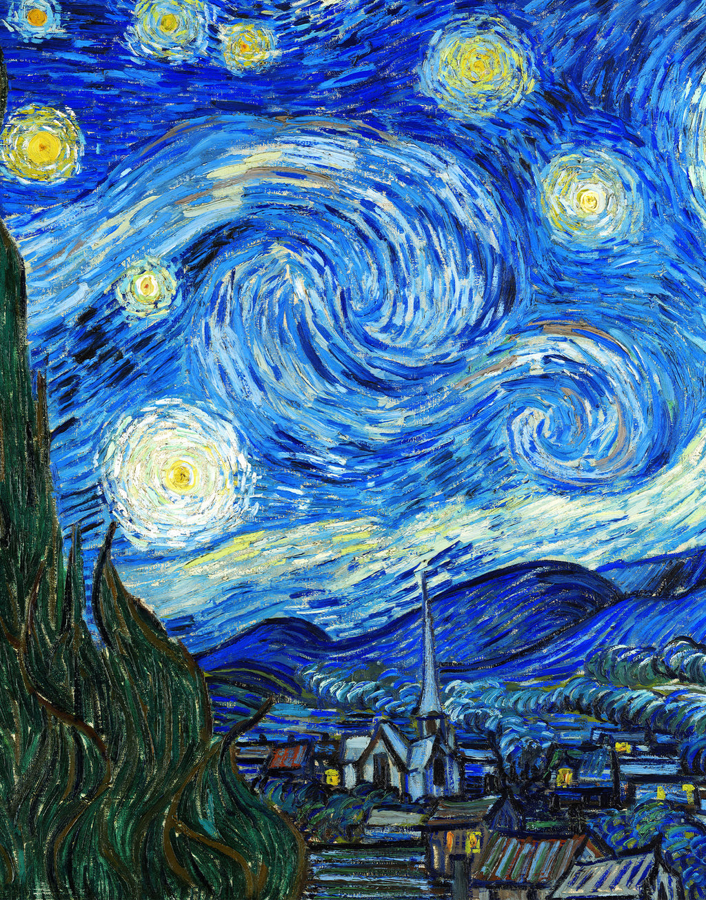 Natural silk satin fabric panel printed with Vincent van Gogh’s The Starry Night in vivid blue and golden tones