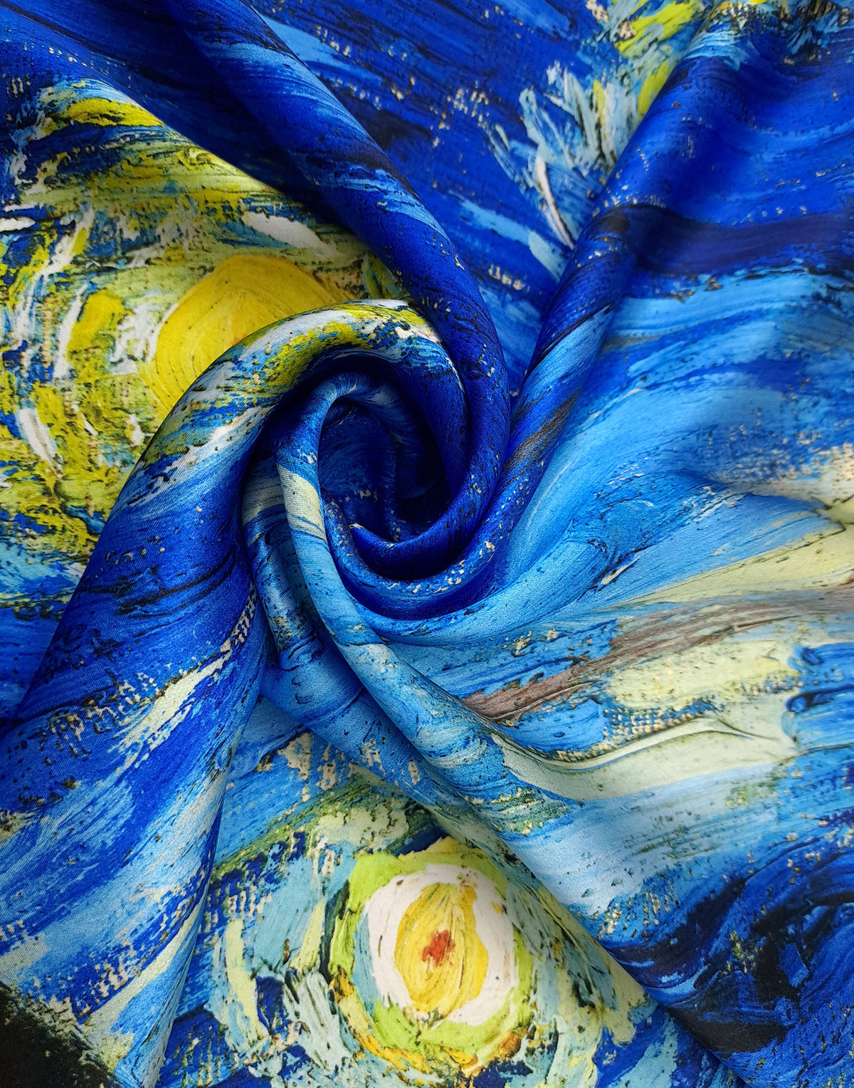 Draped mulberry silk satin with Van Gogh’s Starry Night print in deep blue, turquoise and golden tones