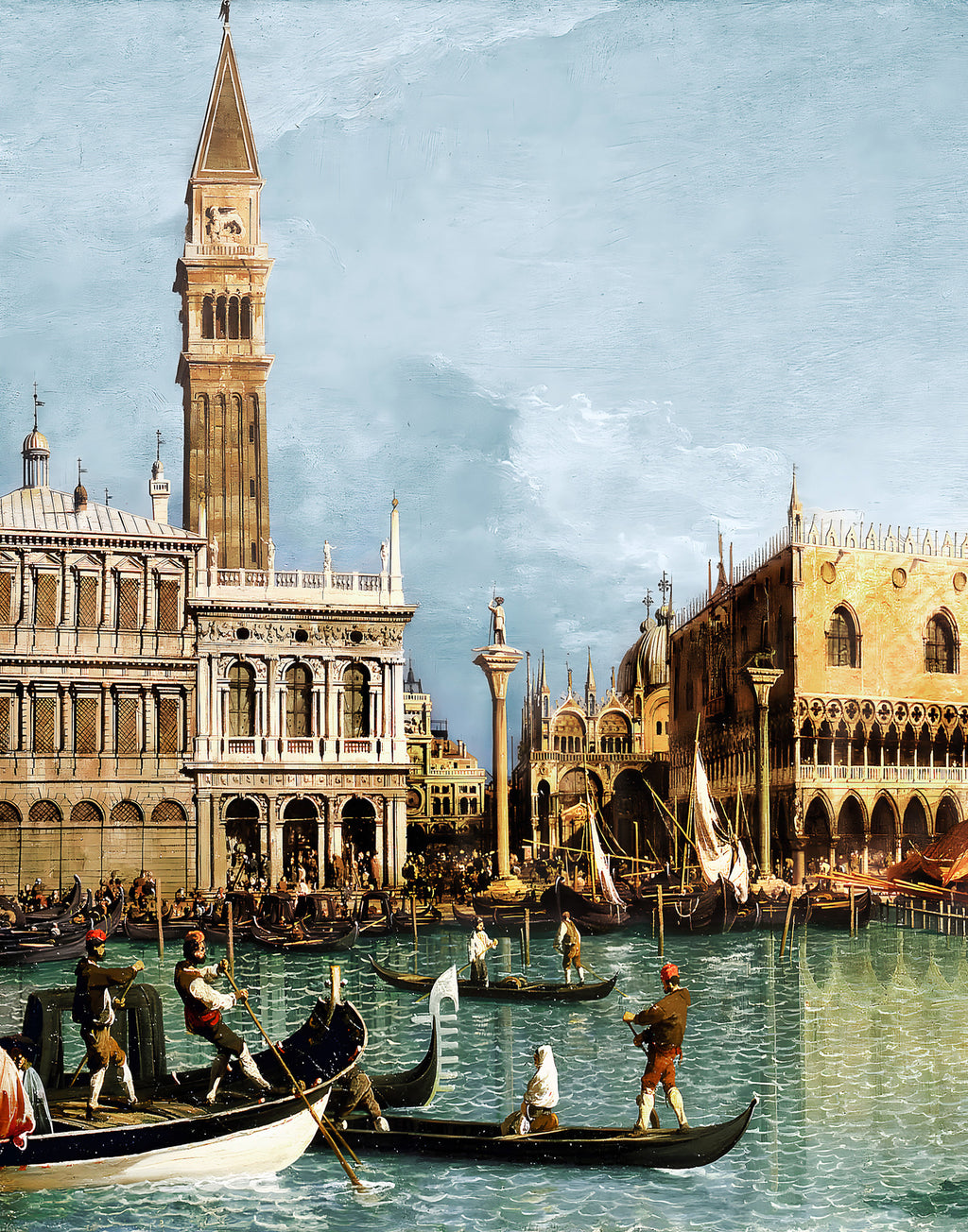 Italian mulberry silk satin fabric panel featuring Venice, Doge's Palace, Piazza San Marco and Venetian gondolas