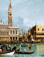 Italian mulberry silk satin fabric panel featuring Venice, Doge's Palace, Piazza San Marco and Venetian gondolas
