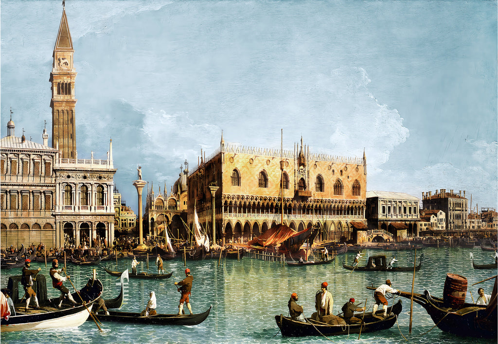 Italian silk satin fabric panel featuring Piazza San Marco, Doge's Palace and Venetian gondolas