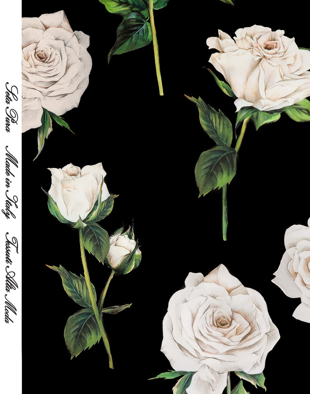 Ivory roses in different stages of bloom printed on luxurious black Italian Mulberry silk satin