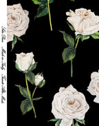 Ivory roses in different stages of bloom printed on luxurious black Italian Mulberry silk satin