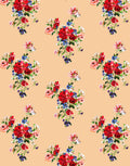 Italian Mulberry Silk satin fabric with red and blue floral print on a warm peach background