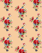Italian Mulberry Silk satin fabric with red and blue floral print on a warm peach background