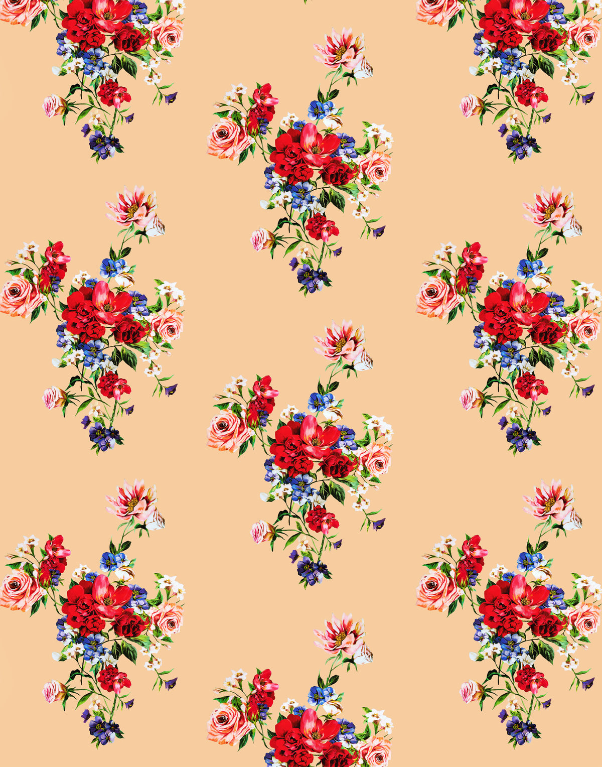 Italian Mulberry Silk satin fabric with red and blue floral print on a warm peach background