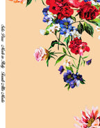 Italian Mulberry Silk satin with red and blue floral print on a warm peach background