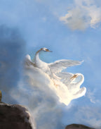 White swans printed on blue mulberry silk satin with soft cloud tones and a luminous surface