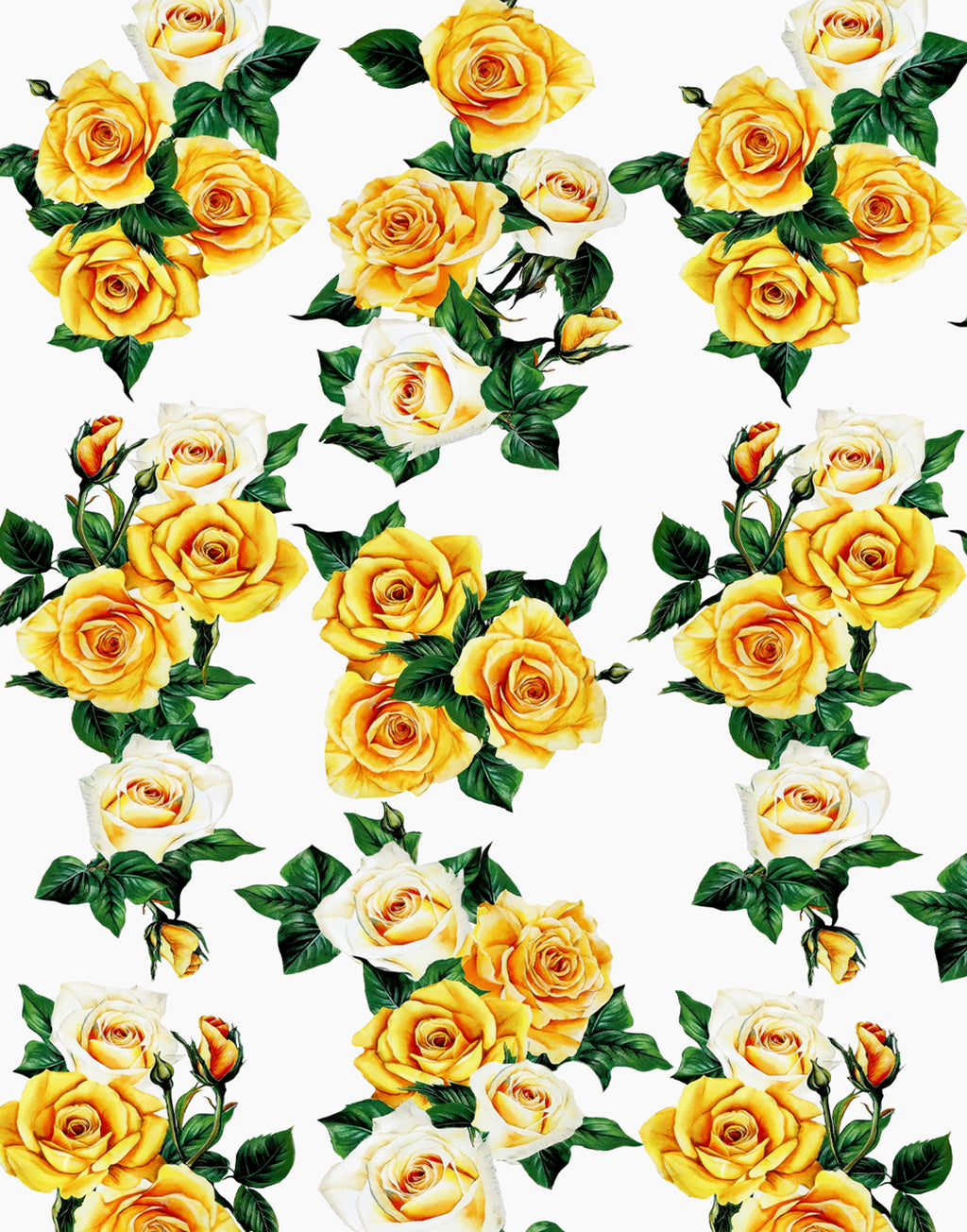 Lustrous Italian silk satin featuring yellow and cream roses with green leaves on a white background.