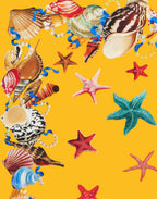 Lustrous yellow printed silk satin featuring colourful starfish, seashells and the Capri inscription.