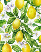 Illustrated yellow lemons among green leaves and white blossoms with pale violet accents on silk satin.
