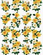 Yellow and cream rose bouquets with dark green leaves printed on white Italian silk satin.