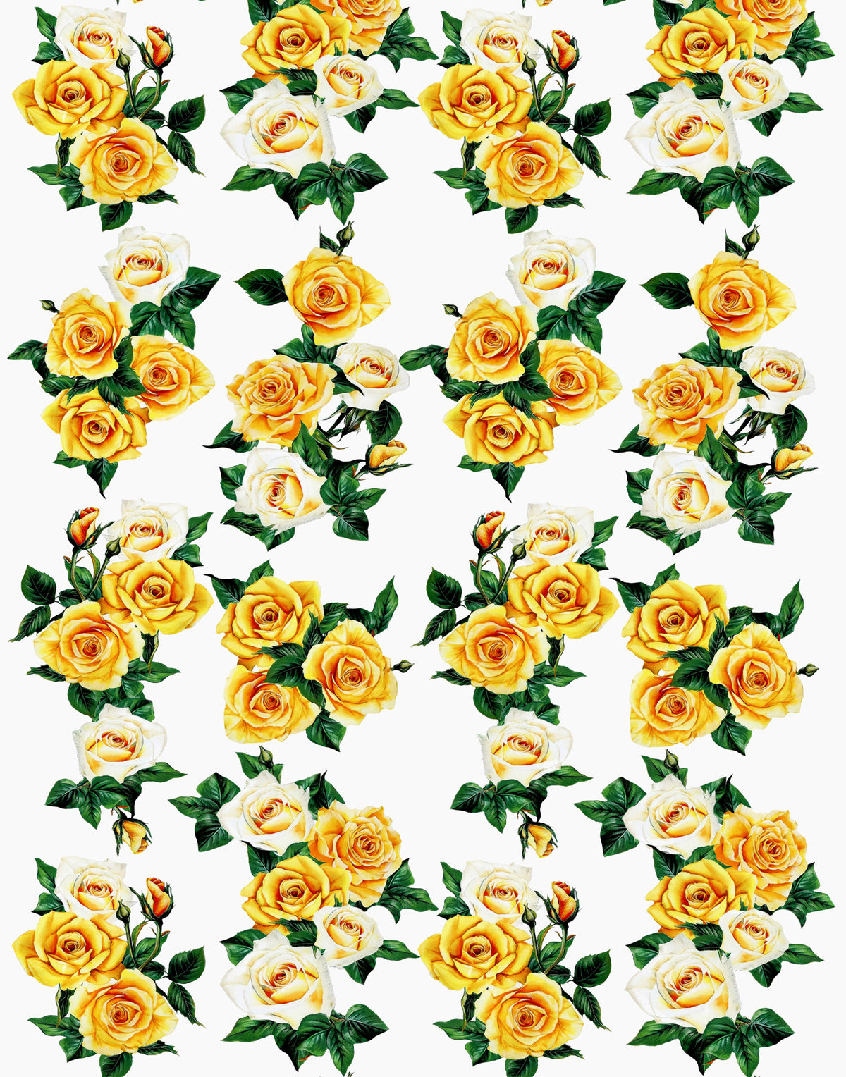 Yellow and cream rose bouquets with dark green leaves printed on white Italian silk satin.
