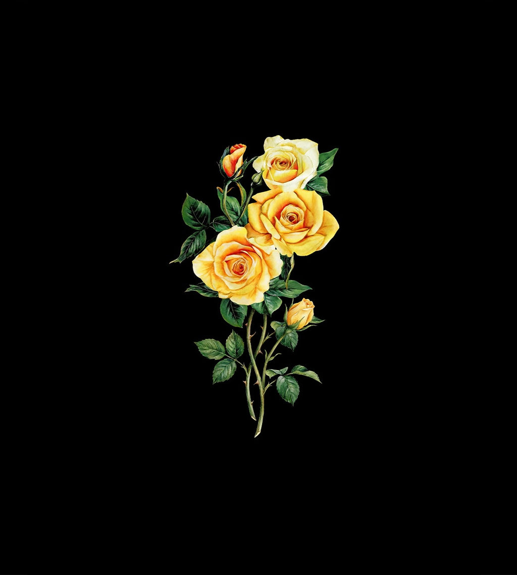 Mulberry silk satin panel with golden yellow roses on a deep black background