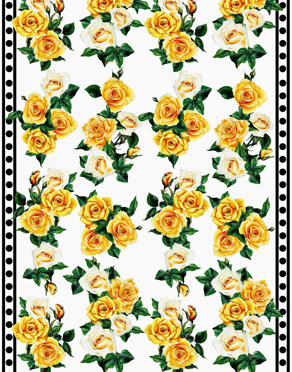 Yellow and ivory roses with green leaves and black polka-dot borders printed on white Italian silk satin.