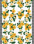 Yellow and ivory roses with green leaves and black polka-dot borders printed on white Italian silk satin.